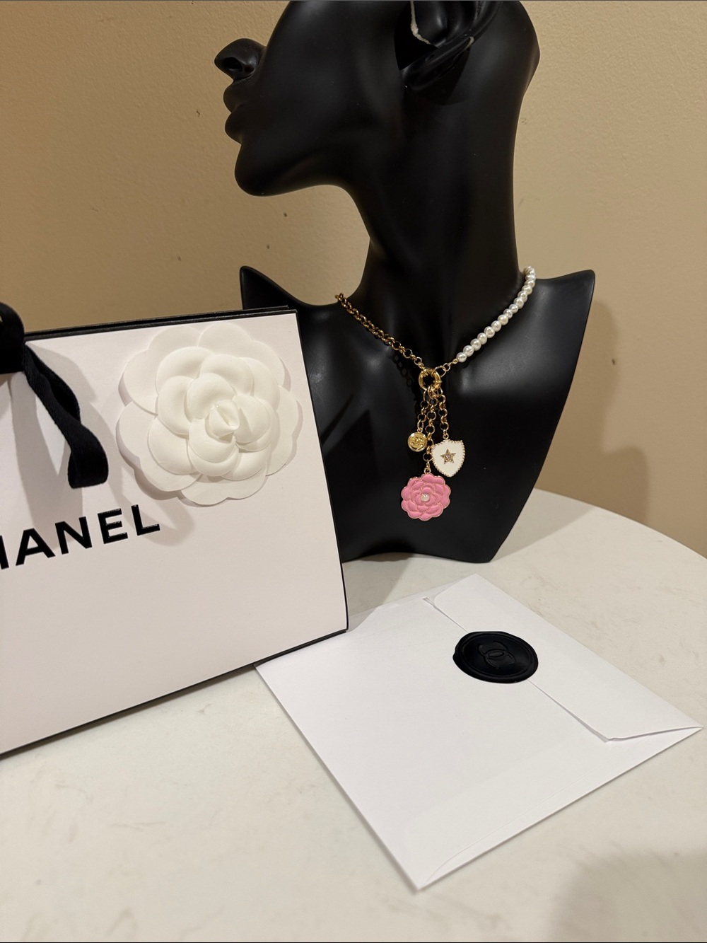 CHANEL Pink Camellia Pearl & Gold Charm Necklace